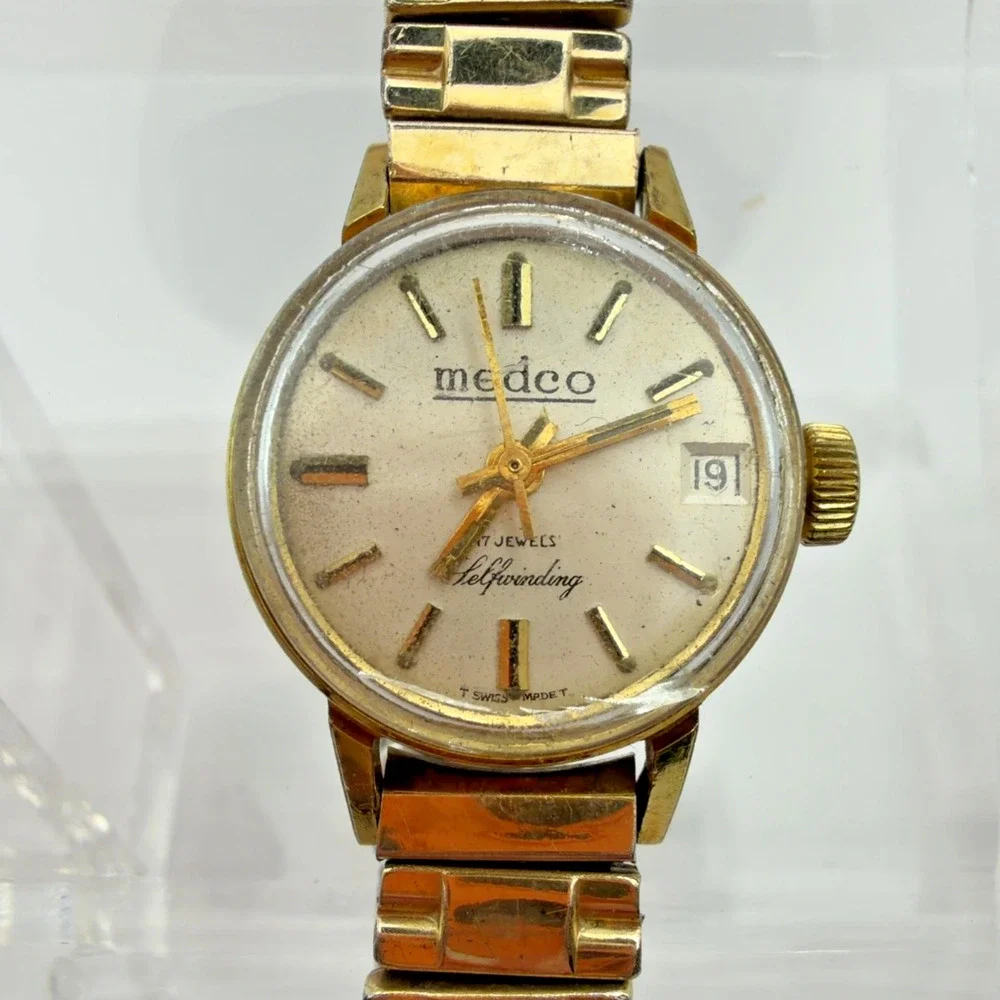 Medco 17 Jewels Selfwinding Swiss Made Ladies Watch Date Gold Tone Parts